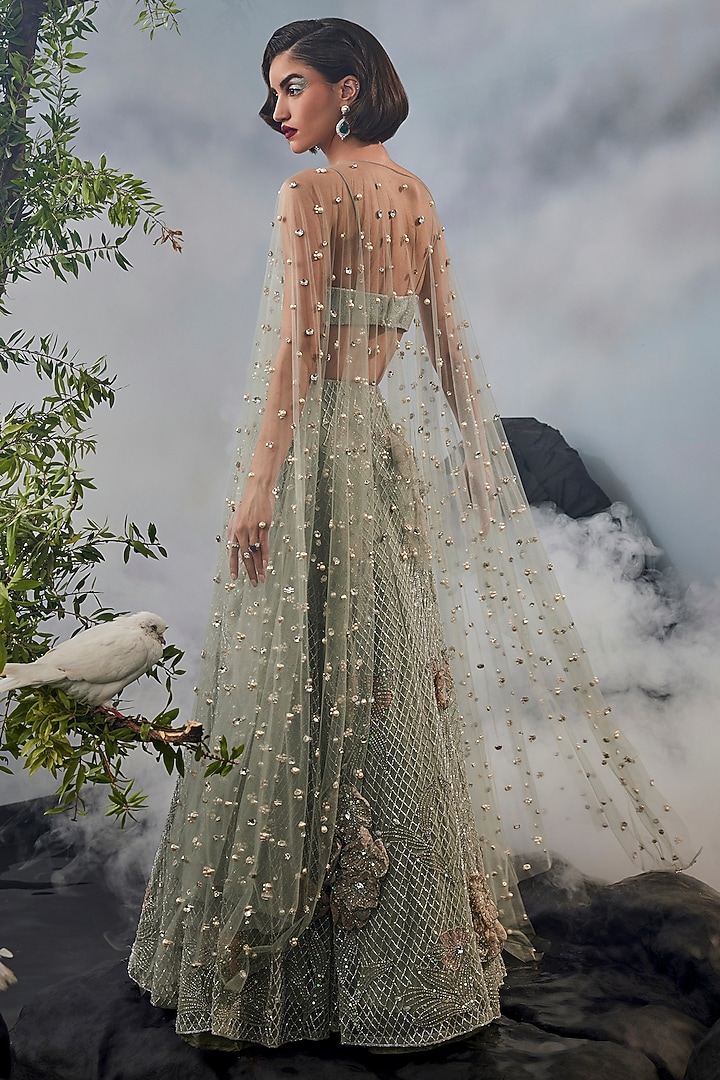 Grey-Green Tulle Grid Work Bridal Lehenga Set by Esha Sethi Thirani at Pernia's Pop Up Shop