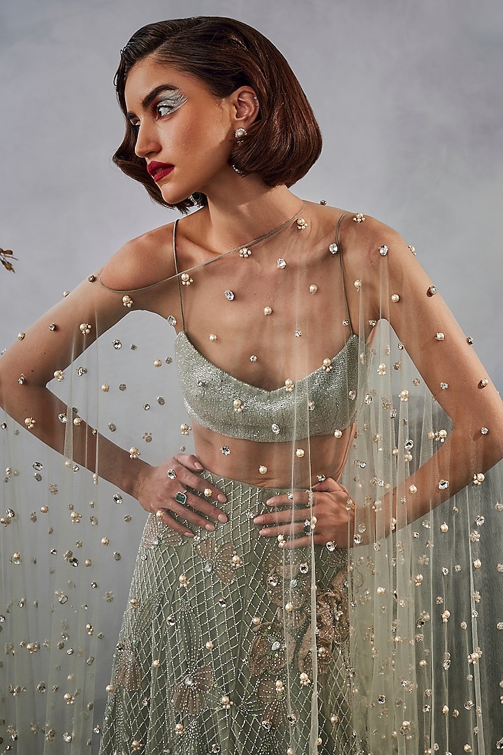 Grey-Green Tulle Grid Work Bridal Lehenga Set by Esha Sethi Thirani at Pernia's Pop Up Shop