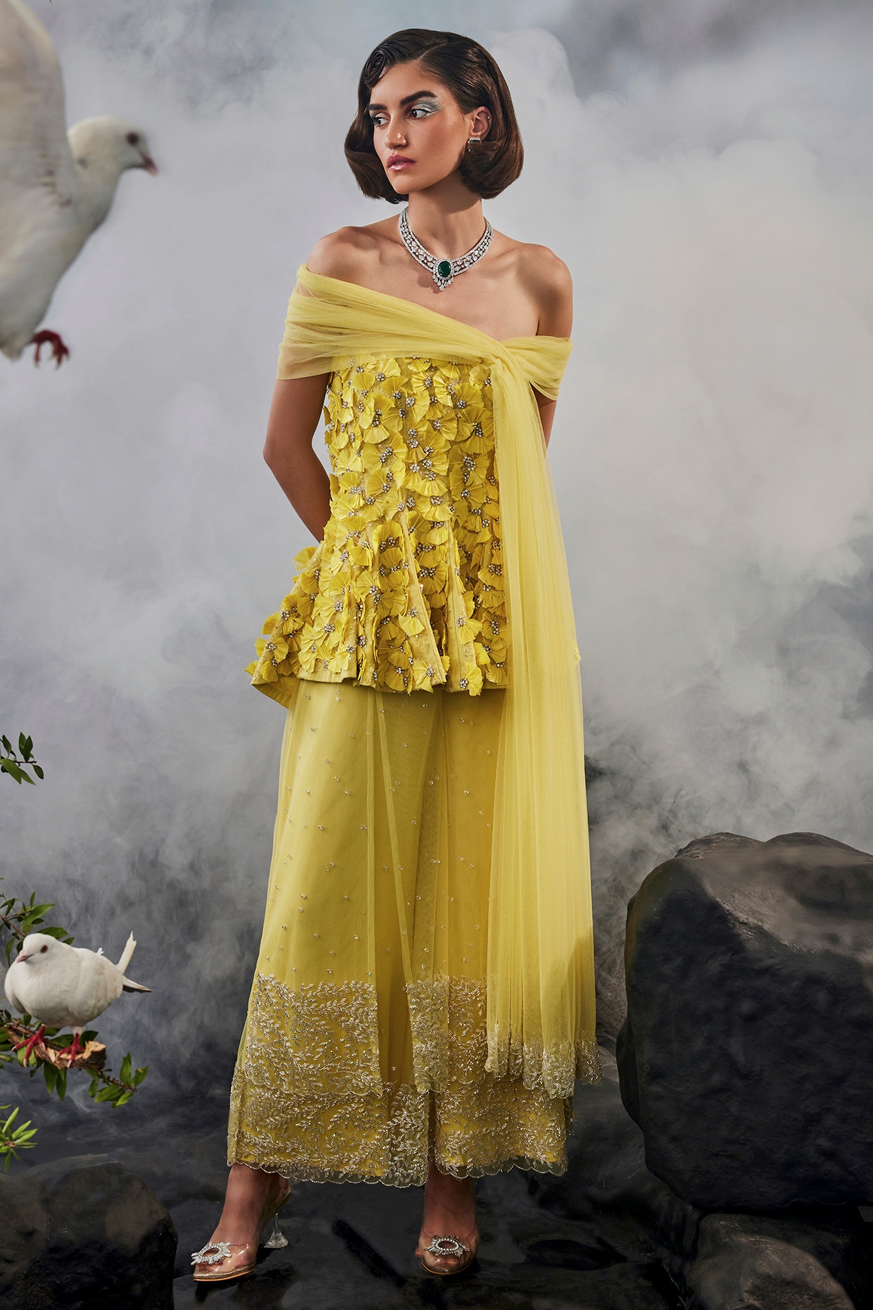 Yellow Stretch Cotton & Tulle Embellished Wide-Legged Trousers Set