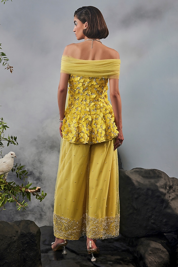 Yellow Stretch Cotton & Tulle Embellished Wide-Legged Trousers Set by Esha Sethi Thirani at Pernia's Pop Up Shop