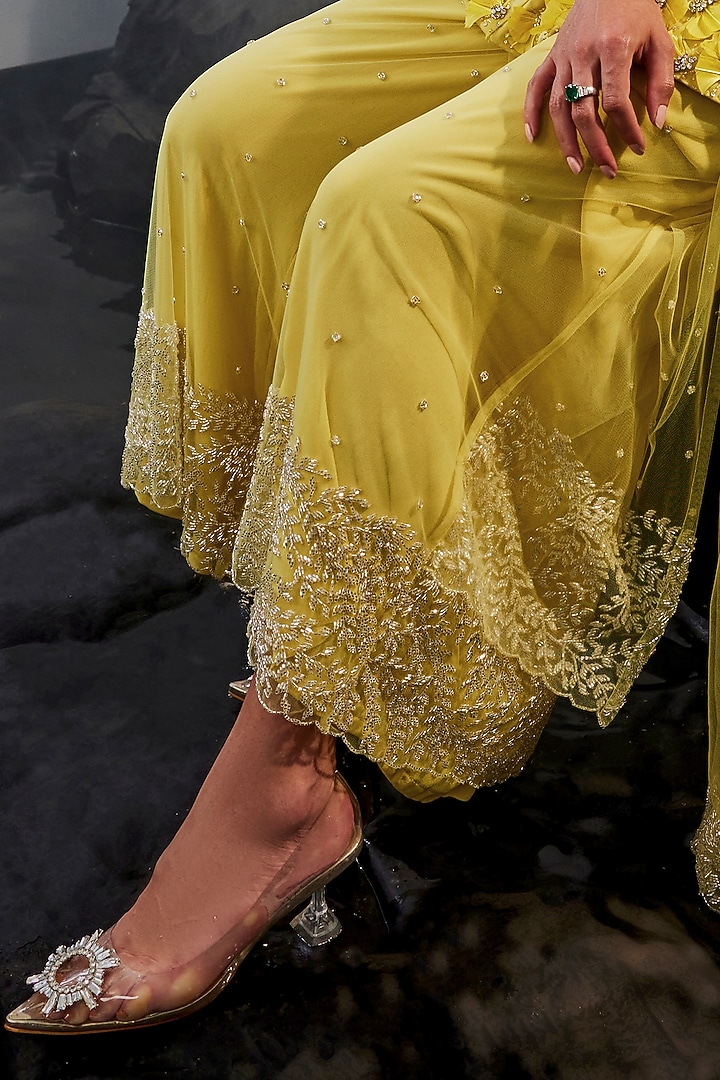 Yellow Stretch Cotton & Tulle Embellished Wide-Legged Trousers Set by Esha Sethi Thirani at Pernia's Pop Up Shop