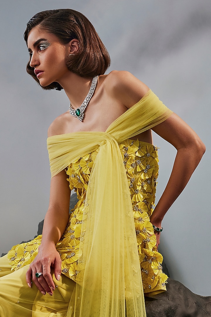 Yellow Stretch Cotton & Tulle Embellished Wide-Legged Trousers Set by Esha Sethi Thirani at Pernia's Pop Up Shop