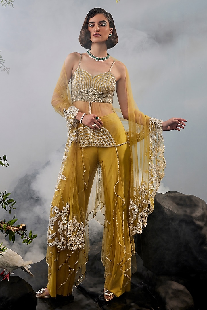 Yellow Tulle Sequins Work Kurta Set by Esha Sethi Thirani