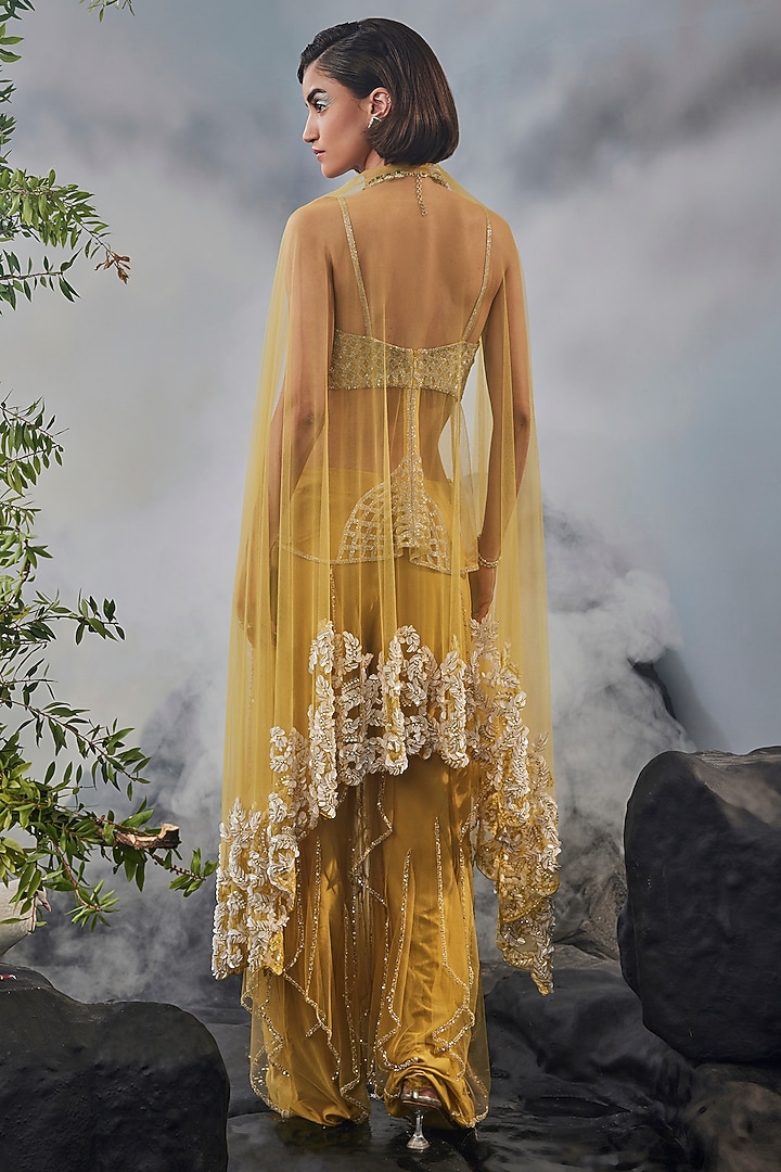 Yellow Tulle Sequins Work Kurta Set by Esha Sethi Thirani at Pernia's Pop Up Shop