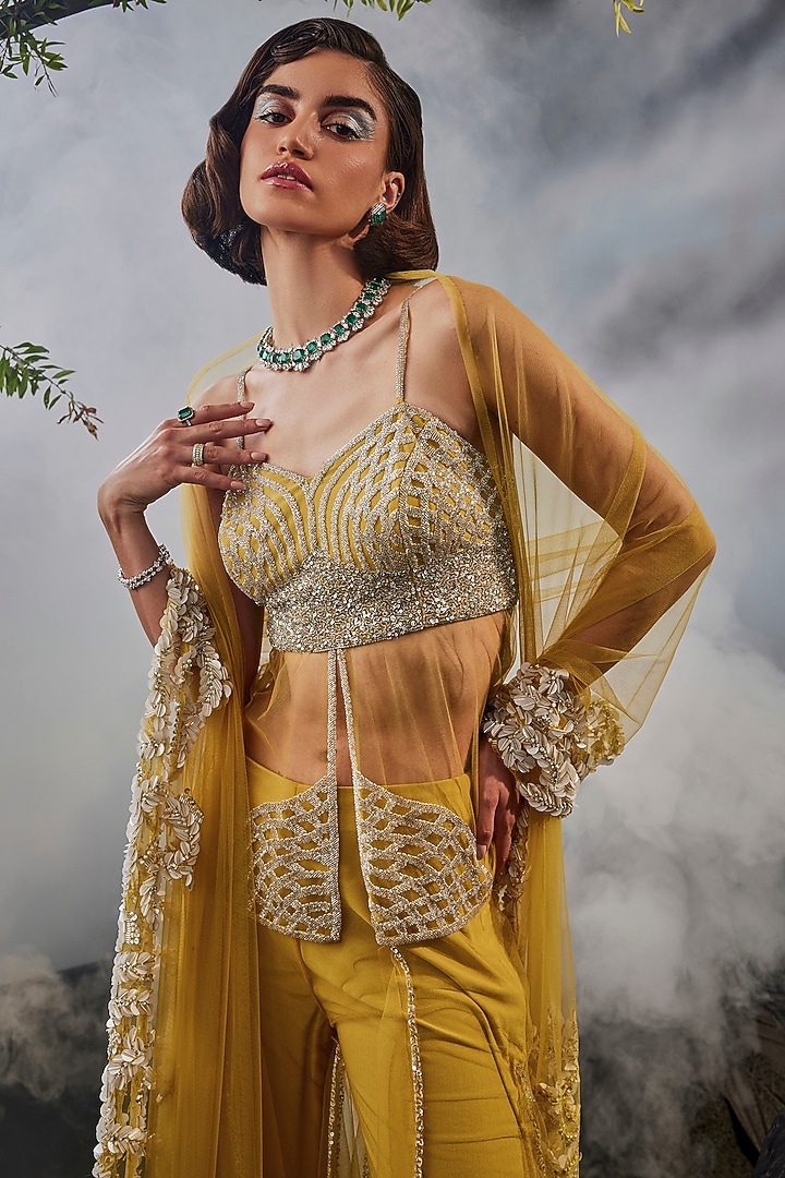 Yellow Tulle Sequins Work Kurta Set by Esha Sethi Thirani at Pernia's Pop Up Shop