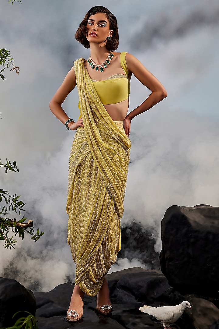Yellow Georgette & Crepe Swarovski Draped Saree Set by Esha Sethi Thirani