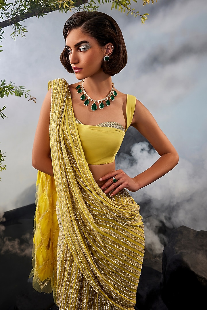 Yellow Georgette & Crepe Swarovski Draped Bridal Saree Set by Esha Sethi Thirani at Pernia's Pop Up Shop