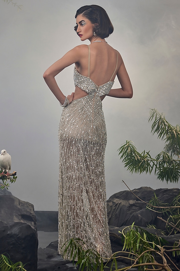 Silver Tulle Beaded Cut-Out Bridal Gown by Esha Sethi Thirani at Pernia's Pop Up Shop