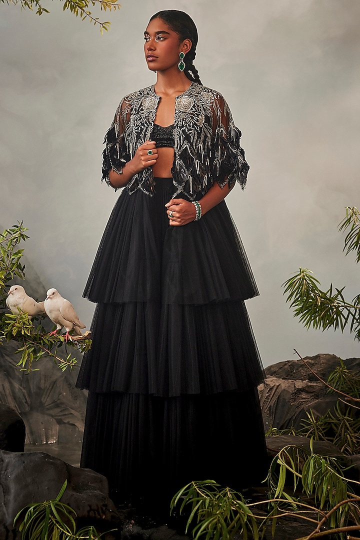 Black Tulle & Georgette Feather Embellishments Tiered Jacket Set by Esha Sethi Thirani