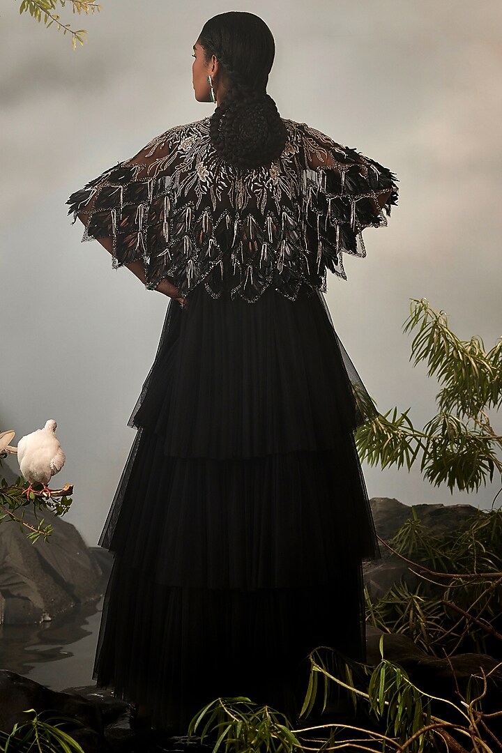 Black Tulle & Georgette Feather Embellishments Tiered Jacket Set by Esha Sethi Thirani at Pernia's Pop Up Shop