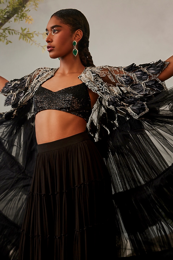 Black Tulle & Georgette Feather Embellishments Tiered Jacket Set by Esha Sethi Thirani at Pernia's Pop Up Shop