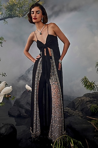 Black Georgette & Jersey Tie-Up Tunic Set by Esha Sethi Thirani