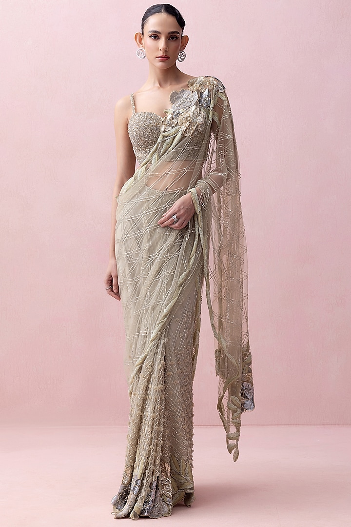 Sea Green Tulle Rose Applique Work Pre-Stitched Saree Set by Esha Sethi Thirani at Pernia's Pop Up Shop