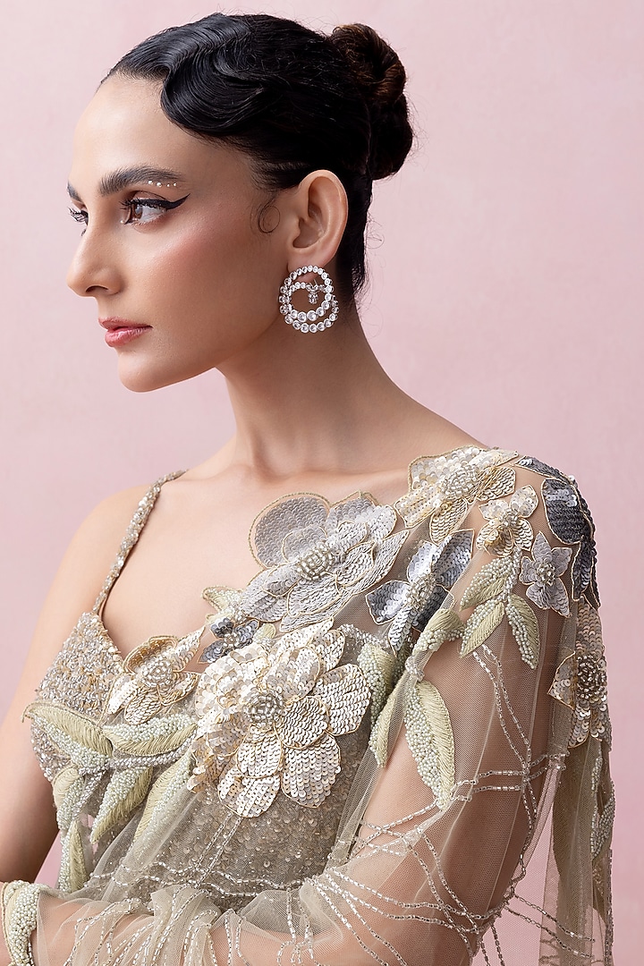 Sea Green Tulle Rose Applique Work Pre-Stitched Bridal Saree Set by Esha Sethi Thirani at Pernia's Pop Up Shop