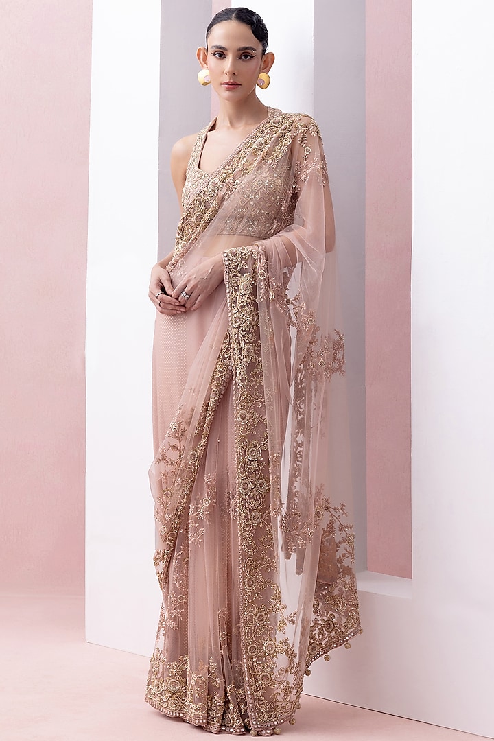 Peach Tulle Thread Work Pre-Stitched Saree Set by Esha Sethi Thirani at Pernia's Pop Up Shop