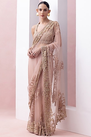 Peach Tulle Thread Work Pre-Stitched Saree Set by Esha Sethi Thirani
