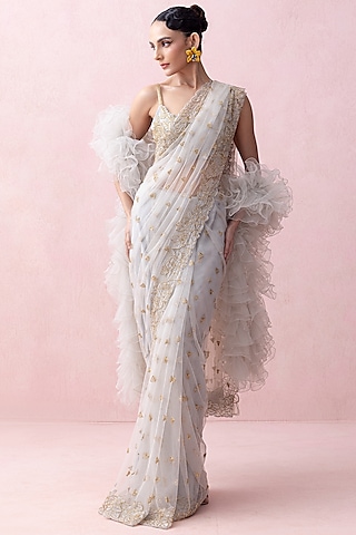 Ice Blue Tulle Applique Work Saree Set by Esha Sethi Thirani
