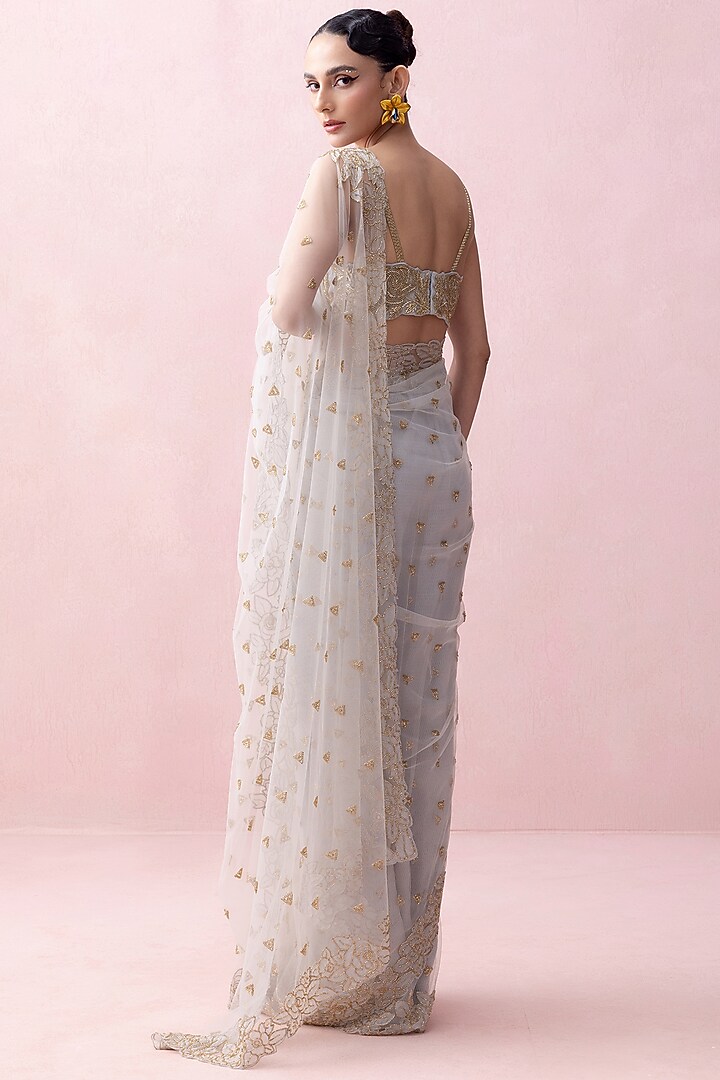 Ice Blue Tulle Applique Work Bridal Saree Set by Esha Sethi Thirani at Pernia's Pop Up Shop