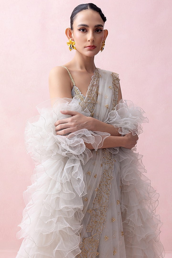 Ice Blue Tulle Applique Work Bridal Saree Set by Esha Sethi Thirani at Pernia's Pop Up Shop