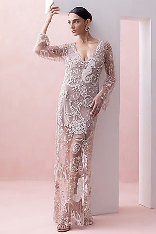 Old Rose Tulle Mermaid Dress by Esha Sethi Thirani