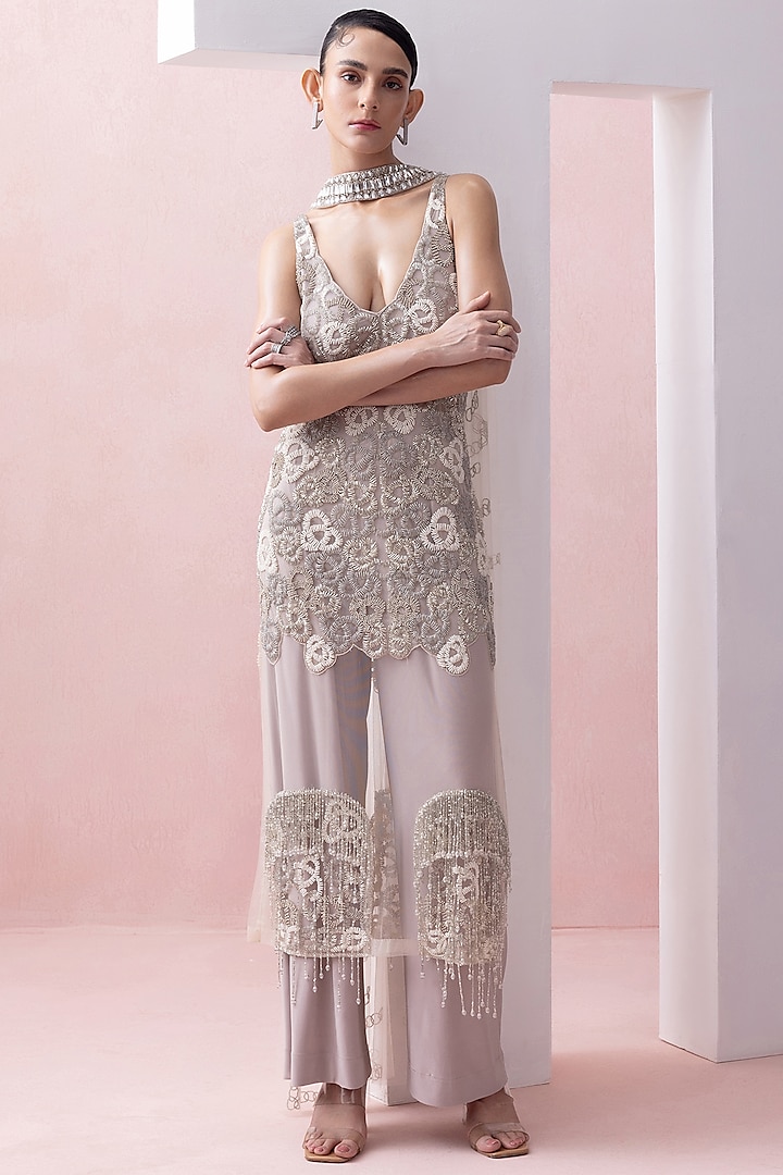 Stone Tulle Floral Tunic Set by Esha Sethi Thirani at Pernia's Pop Up Shop