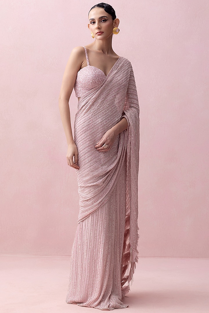 Pink Georgette & Crepe Swarovski Work Pre-Stitched Saree Set by Esha Sethi Thirani at Pernia's Pop Up Shop