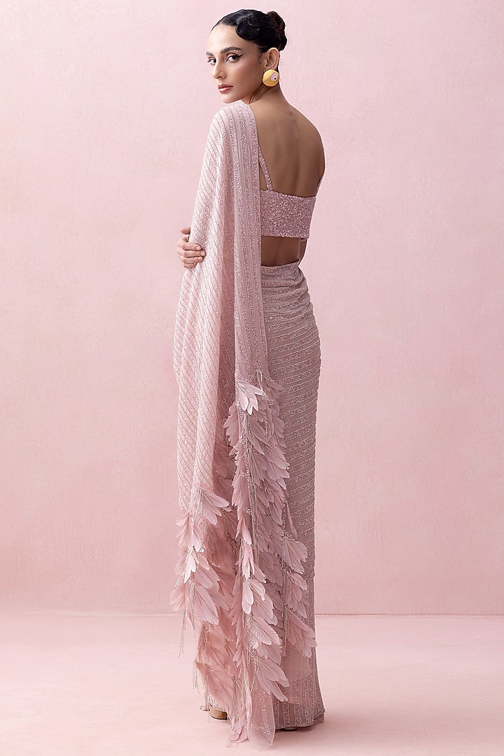 Pink Georgette & Crepe Swarovski Work Pre-Stitched Bridal Saree Set by Esha Sethi Thirani at Pernia's Pop Up Shop