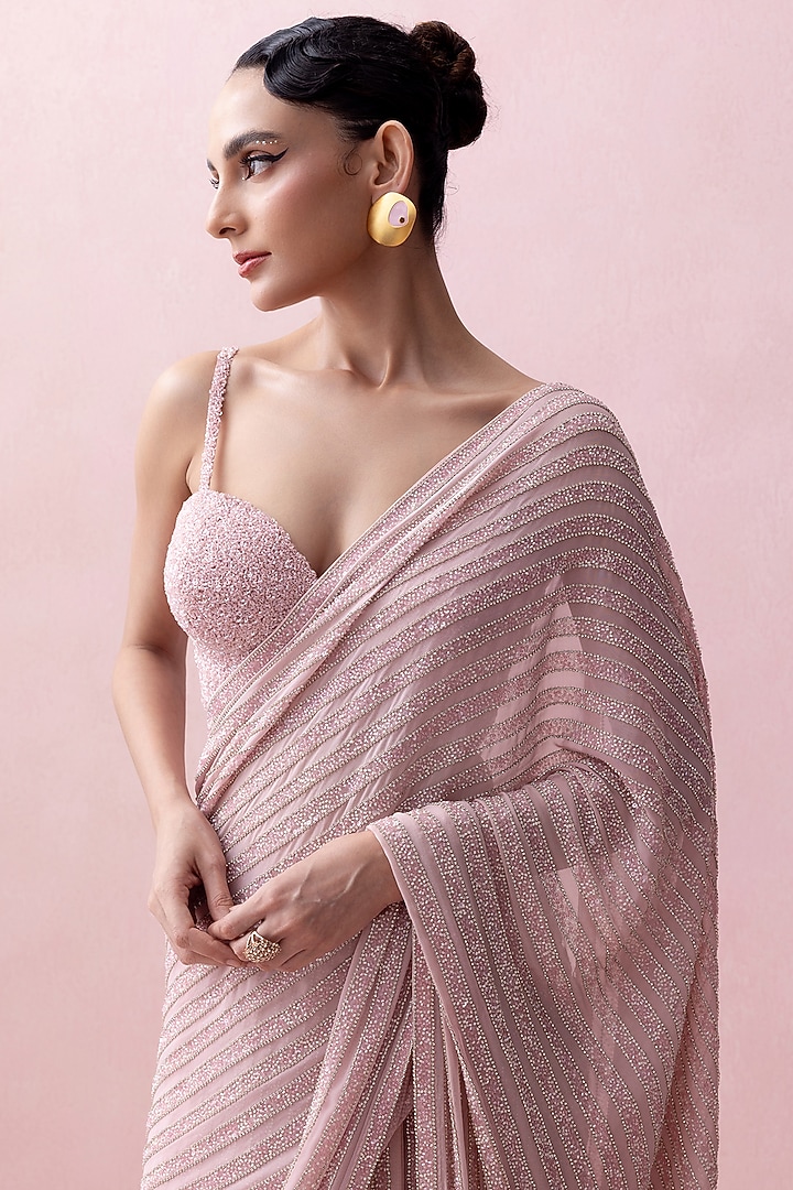 Pink Georgette & Crepe Swarovski Work Pre-Stitched Bridal Saree Set by Esha Sethi Thirani at Pernia's Pop Up Shop