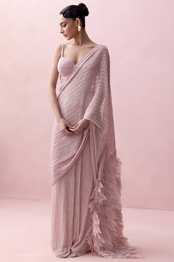 Pink Georgette & Crepe Swarovski Work Pre-Stitched Bridal Saree Set by Esha Sethi Thirani at Pernia's Pop Up Shop
