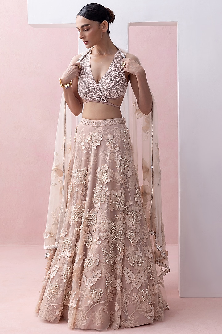 Peach Tulle & Lace 3D Applique Work Bridal Lehenga Set by Esha Sethi Thirani at Pernia's Pop Up Shop