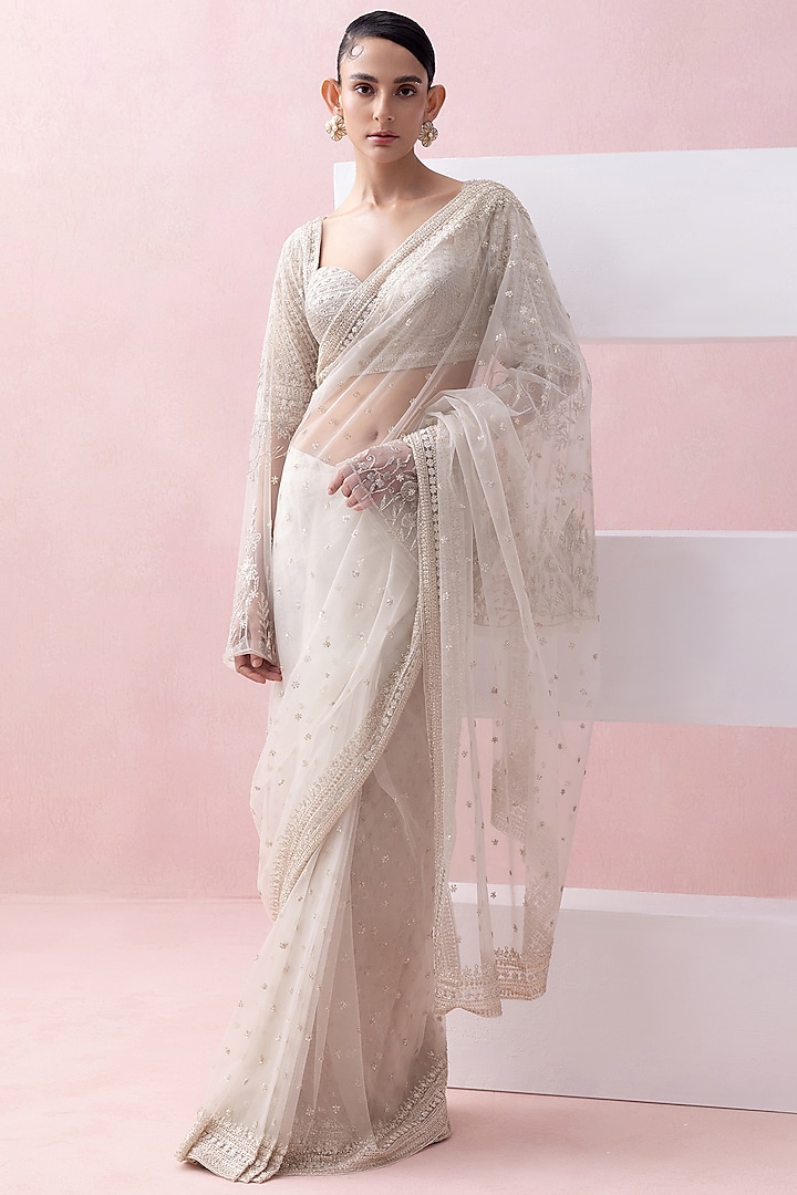 Ivory Tulle Pre-Stitched Saree Set by Esha Sethi Thirani at Pernia's Pop Up Shop