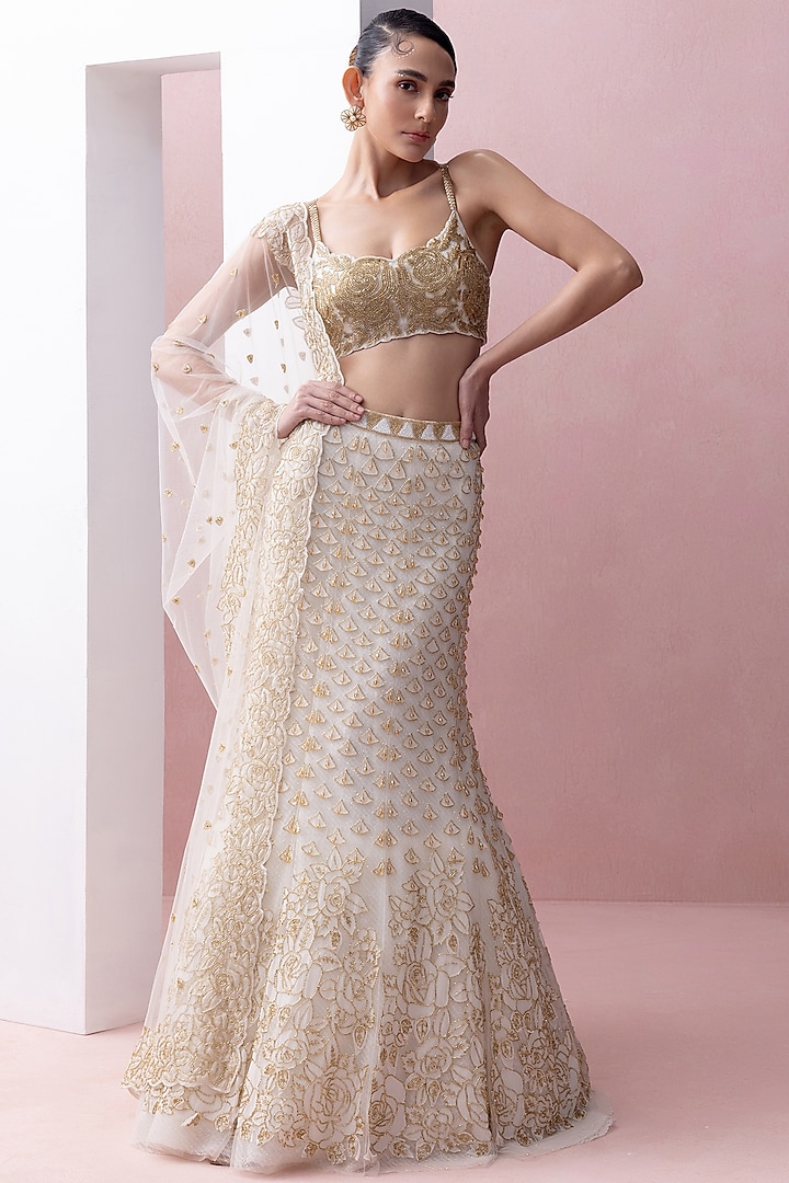 Ivory & Gold Tulle Applique & Crystal Work Bridal Lehenga Set by Esha Sethi Thirani at Pernia's Pop Up Shop