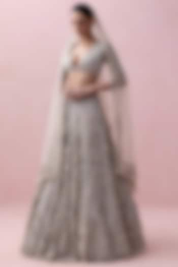 Grey Tulle 3D Embroidered Bridal Lehenga Set by Esha Sethi Thirani at Pernia's Pop Up Shop