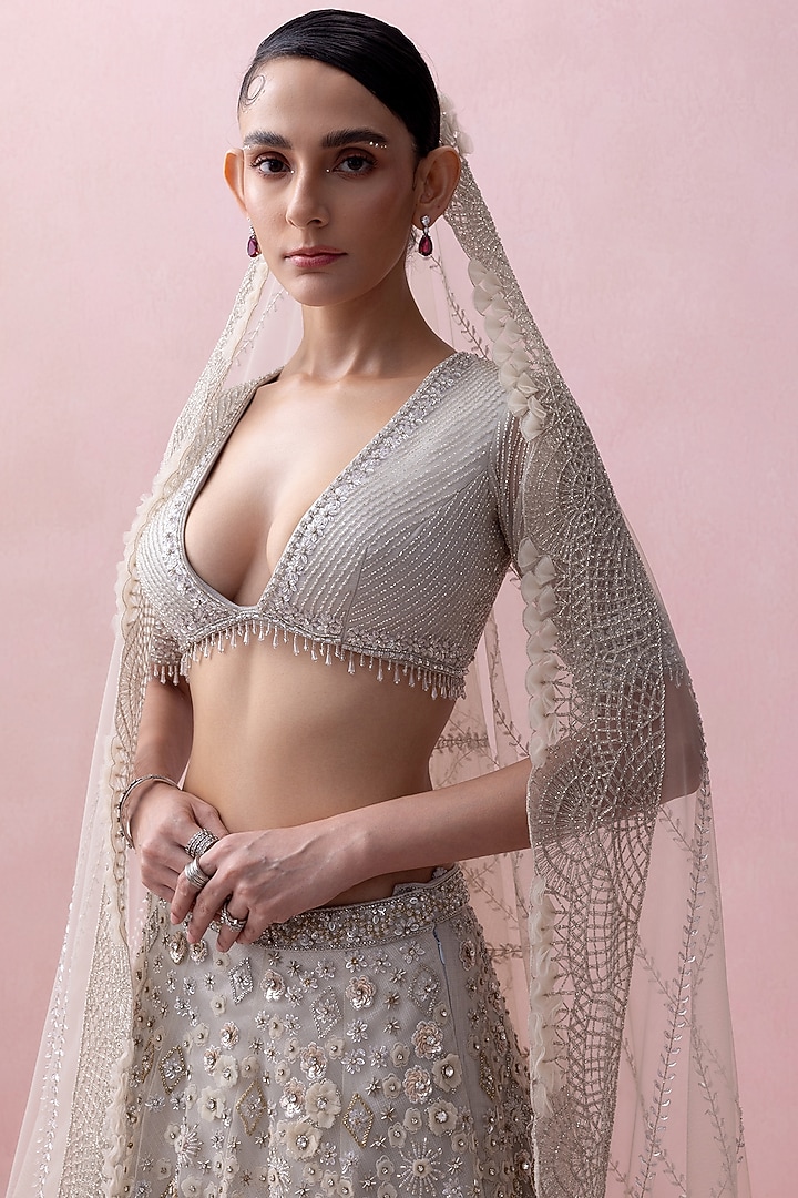 Grey Tulle 3D Embroidered Bridal Lehenga Set by Esha Sethi Thirani at Pernia's Pop Up Shop