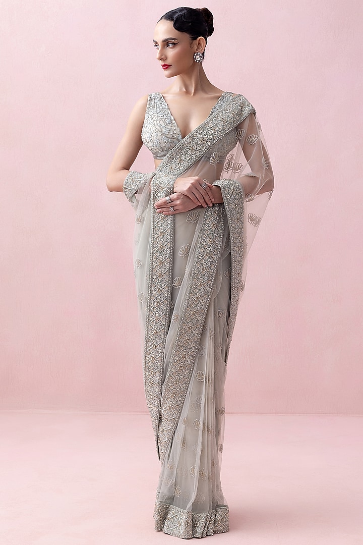 Mint Green Tulle Pre-Stitched Saree Set by Esha Sethi Thirani at Pernia's Pop Up Shop