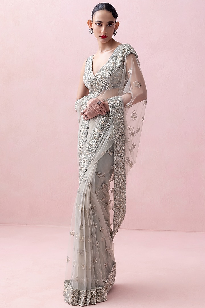 Mint Green Tulle Pre-Stitched Bridal Saree Set by Esha Sethi Thirani at Pernia's Pop Up Shop