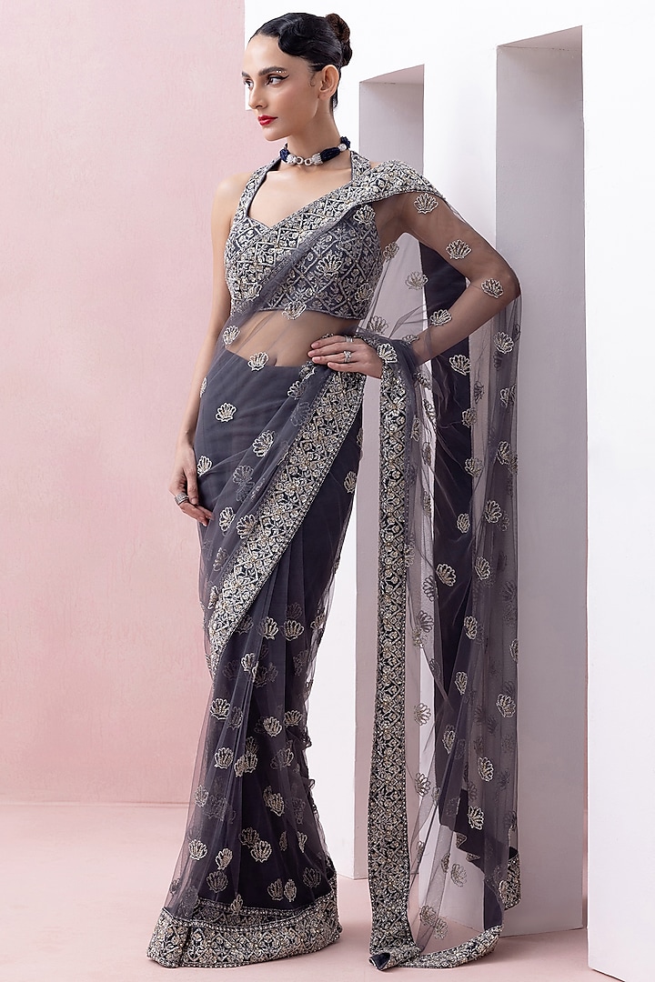 Aegean Blue Tulle Saree Set by Esha Sethi Thirani at Pernia's Pop Up Shop