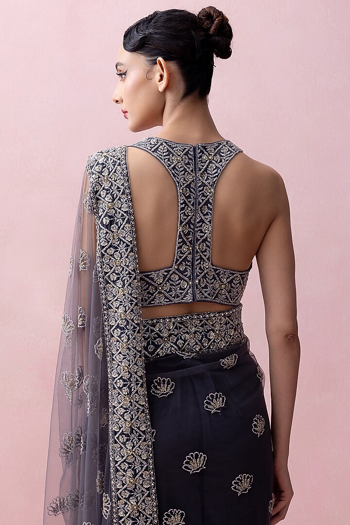 Aegean Blue Tulle Reception Saree Set by Esha Sethi Thirani at Pernia's Pop Up Shop