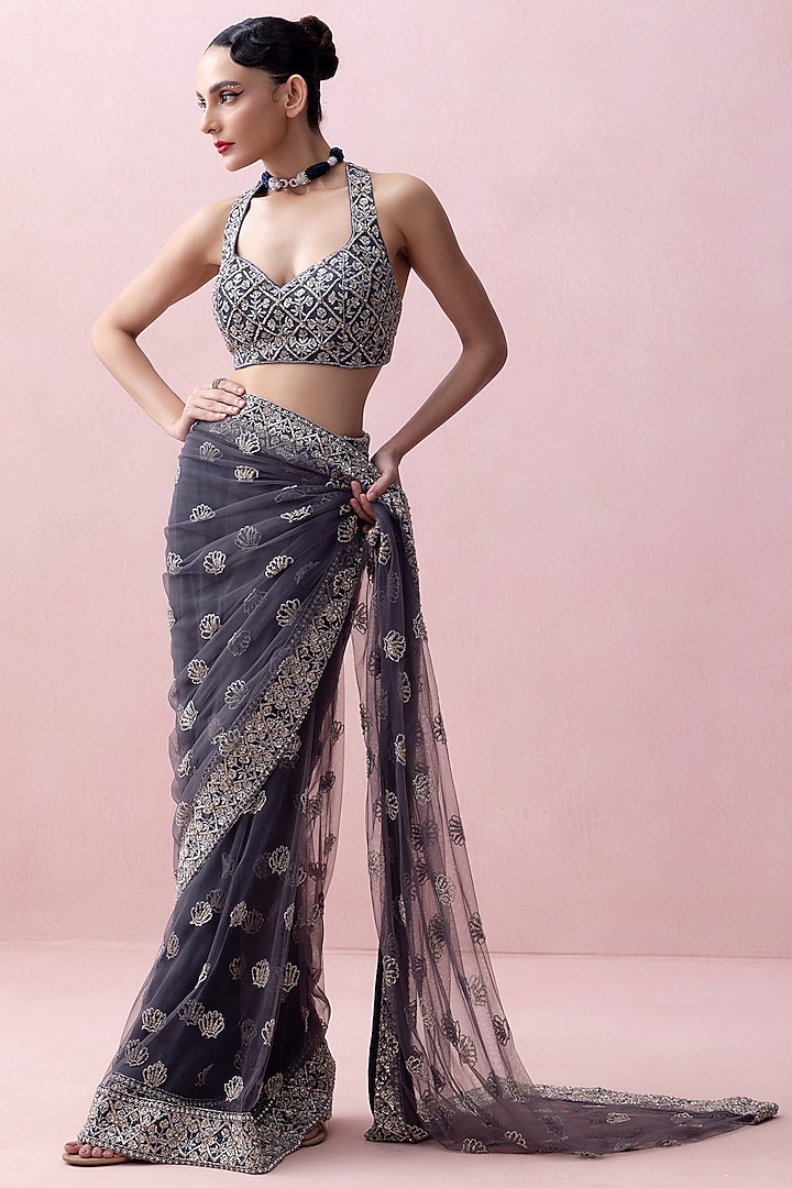 Aegean Blue Tulle Reception Saree Set by Esha Sethi Thirani at Pernia's Pop Up Shop