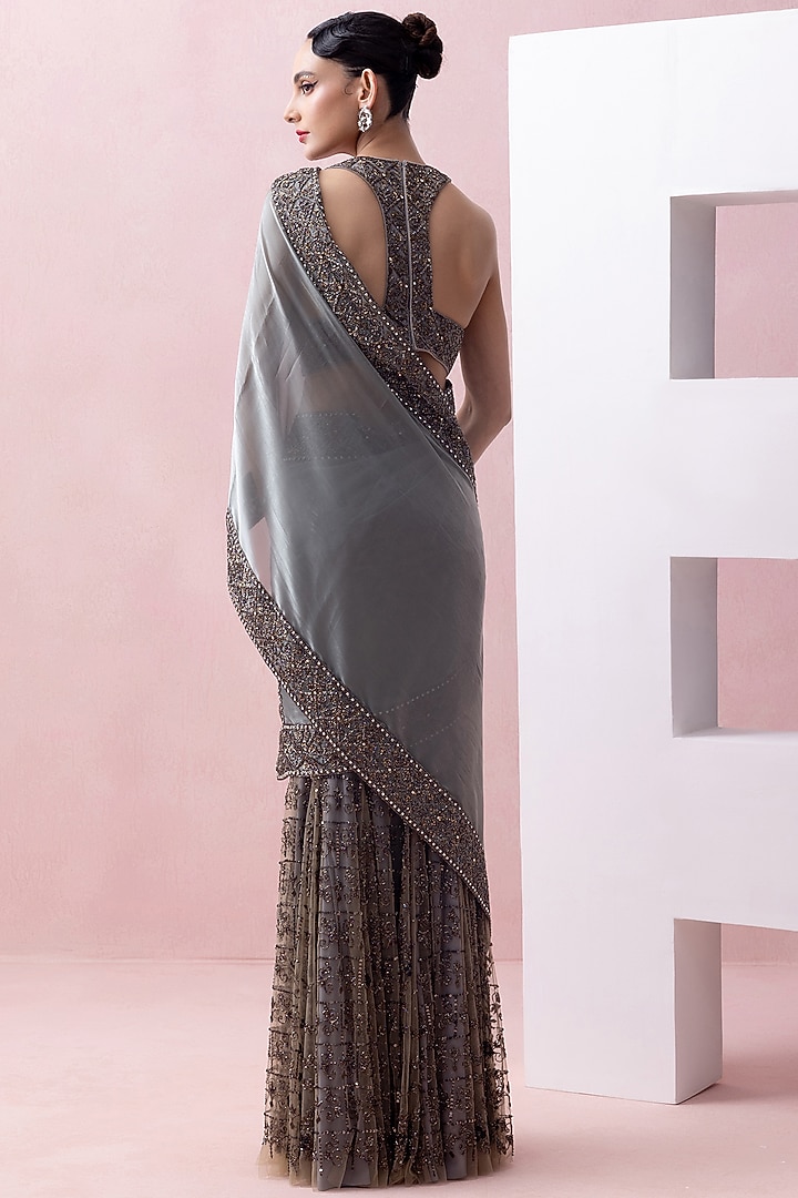 Steel Grey Tulle Embroidered Skirt Set by Esha Sethi Thirani at Pernia's Pop Up Shop