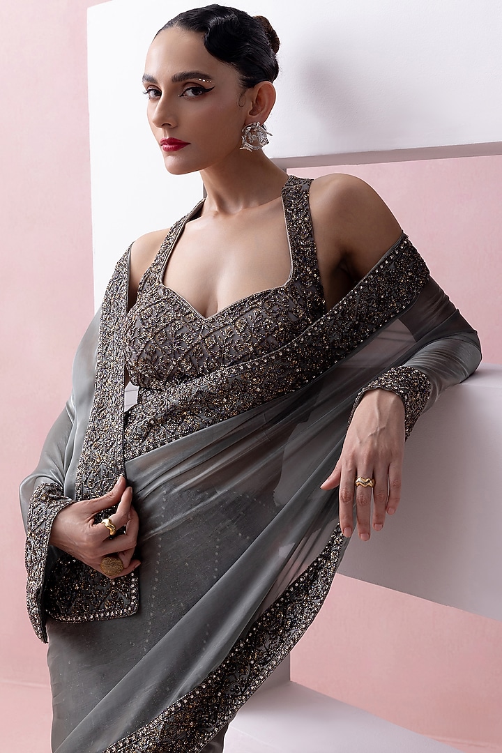 Steel Grey Tulle Embroidered Skirt Set by Esha Sethi Thirani at Pernia's Pop Up Shop
