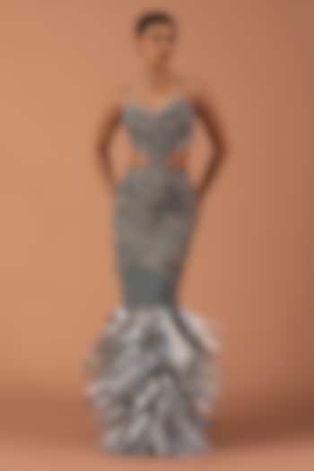 Silver Jersey & Tulle Swarovski Stone Embroidered Skirt Set by Esha Sethi Thirani at Pernia's Pop Up Shop