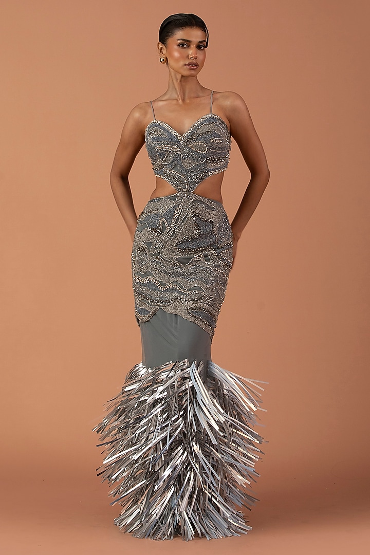 Silver Jersey & Tulle Swarovski Stone Embroidered Skirt Set by Esha Sethi Thirani at Pernia's Pop Up Shop