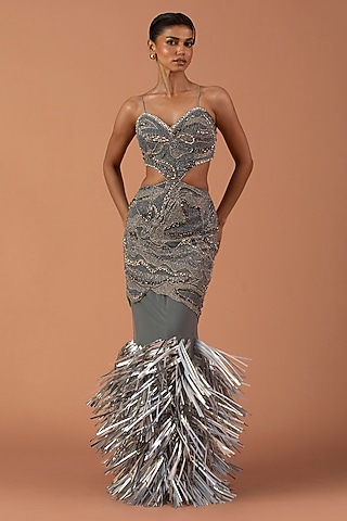 Silver Jersey & Tulle Swarovski Stone Embroidered Skirt Set by Esha Sethi Thirani