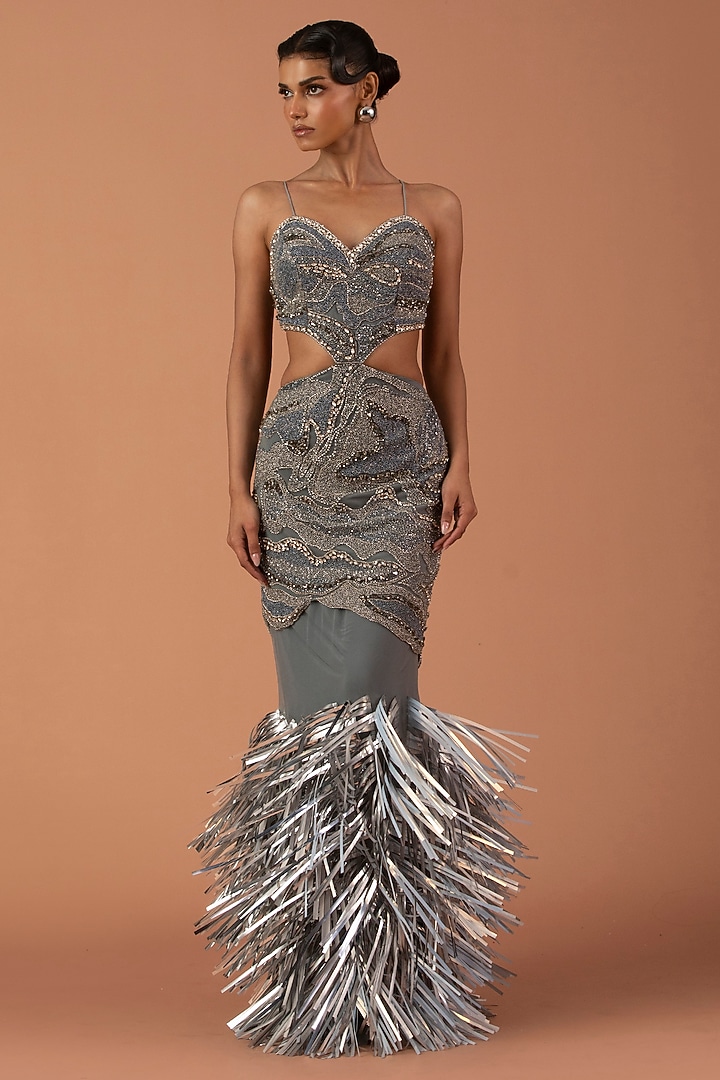 Silver Jersey & Tulle Swarovski Stone Embroidered Skirt Set by Esha Sethi Thirani at Pernia's Pop Up Shop