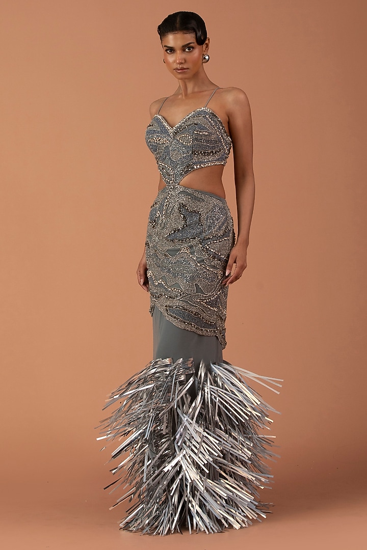 Silver Jersey & Tulle Swarovski Stone Embroidered Skirt Set by Esha Sethi Thirani at Pernia's Pop Up Shop