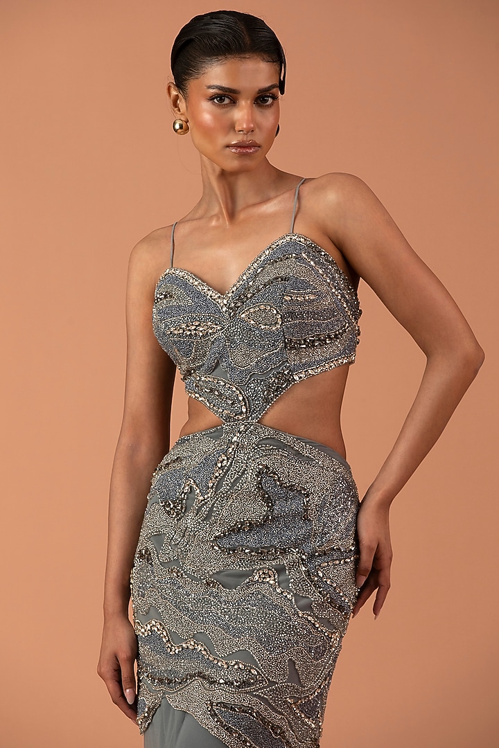 Silver Jersey & Tulle Swarovski Stone Embroidered Skirt Set by Esha Sethi Thirani at Pernia's Pop Up Shop