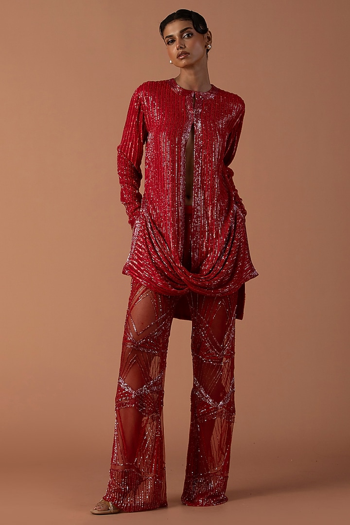 Red Georgette Sequins & Cutdana Embroidery Co-Ord Set by Esha Sethi Thirani at Pernia's Pop Up Shop
