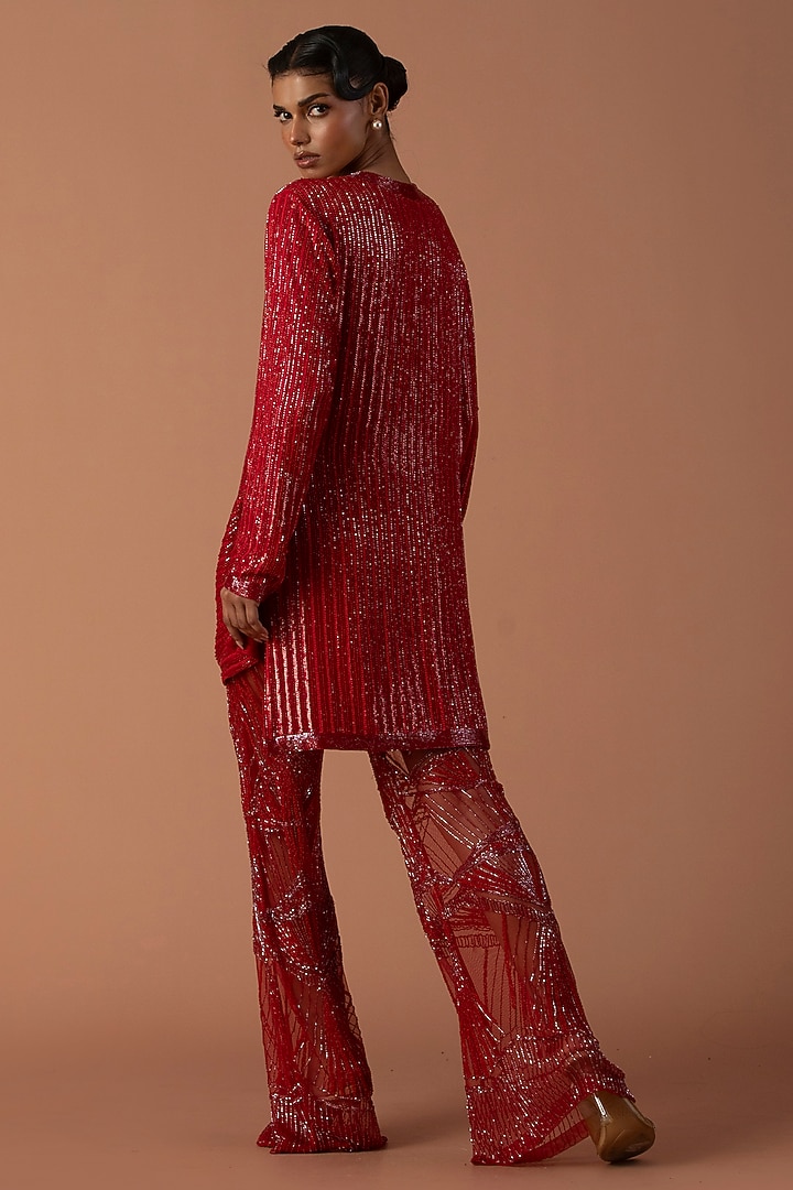 Red Georgette Sequins & Cutdana Embroidery Co-Ord Set  by Esha Sethi Thirani at Pernia's Pop Up Shop