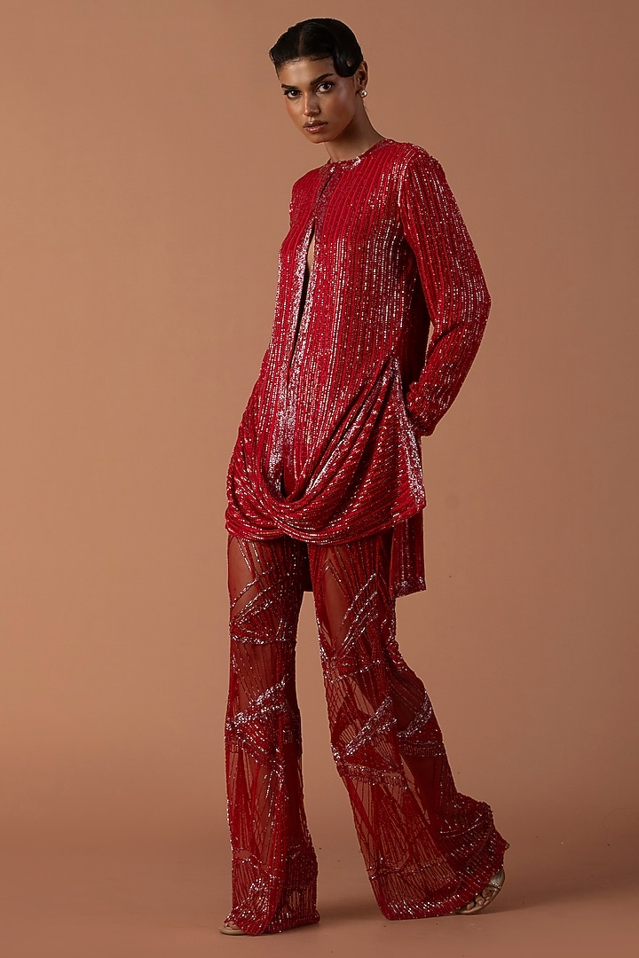 Red Georgette Sequins & Cutdana Embroidery Co-Ord Set  by Esha Sethi Thirani at Pernia's Pop Up Shop